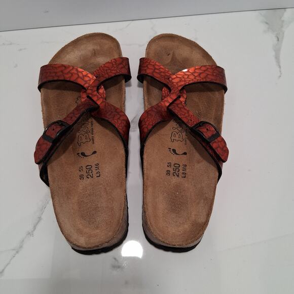 Birkenstock Birki's Red Metalic Strappy Croc Embossed Women Slide Sandals-L8 M6 - Picture 1 of 9